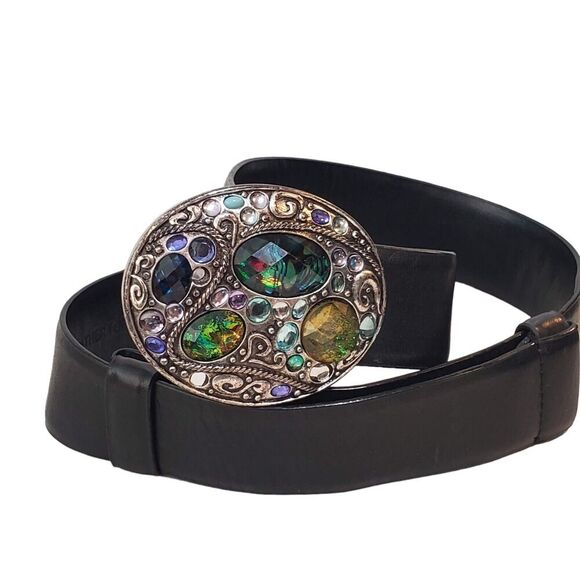 Chicos Adjustable Belt Women Size S/M Black Leather Southwest Jewels Buckle - Picture 1 of 6